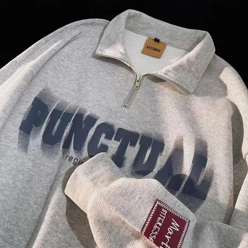 Men Sweatshirts Casual Printed Half Zip Chic Pullover Tops Vintage Long Sleeve Turndown Collar Streetwear Sweats 231225