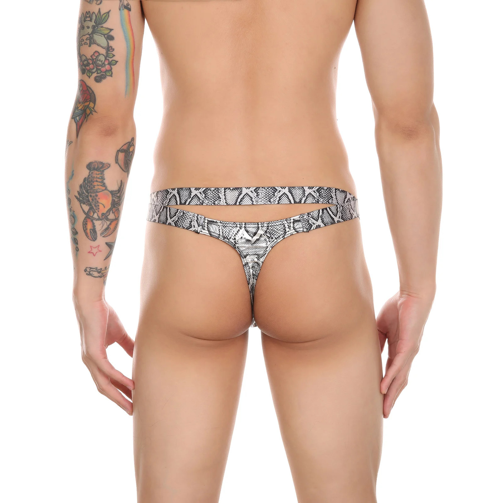 Men's Sexy Underwear Print Thong Open-Back Jumpsuit T Back Bare Buttocks Bikini Leggings Gay Sexual Lingerie Sissy Clothing 231226