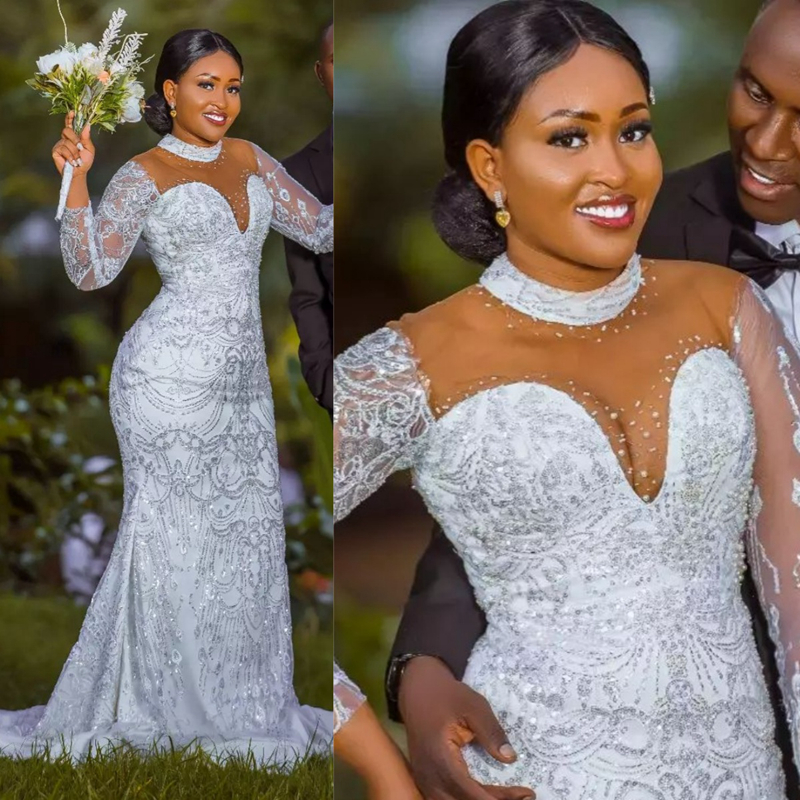 African Arabic Aso Ebi Wedding Dress for Bride Illusion Trumpet Bridal Dresses High Beaded Neck Long Sleeves Lace Mermaid Marriage Gowns for Black Wom