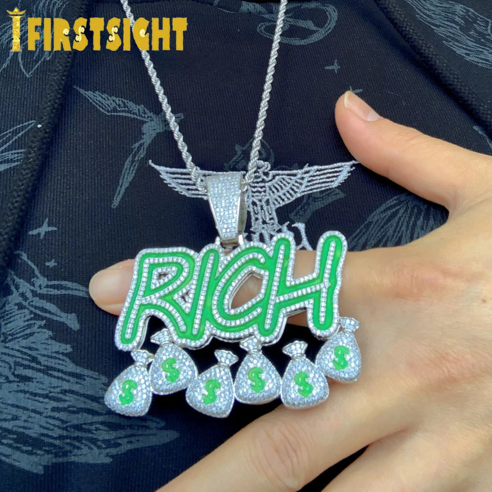 Iced Out Bling CZ Letter Hustle Hard Rich Lucky Pendant Necklace 5A Zircon Badge Fluorescence Charms Men Hip Hop Jewelry 231225