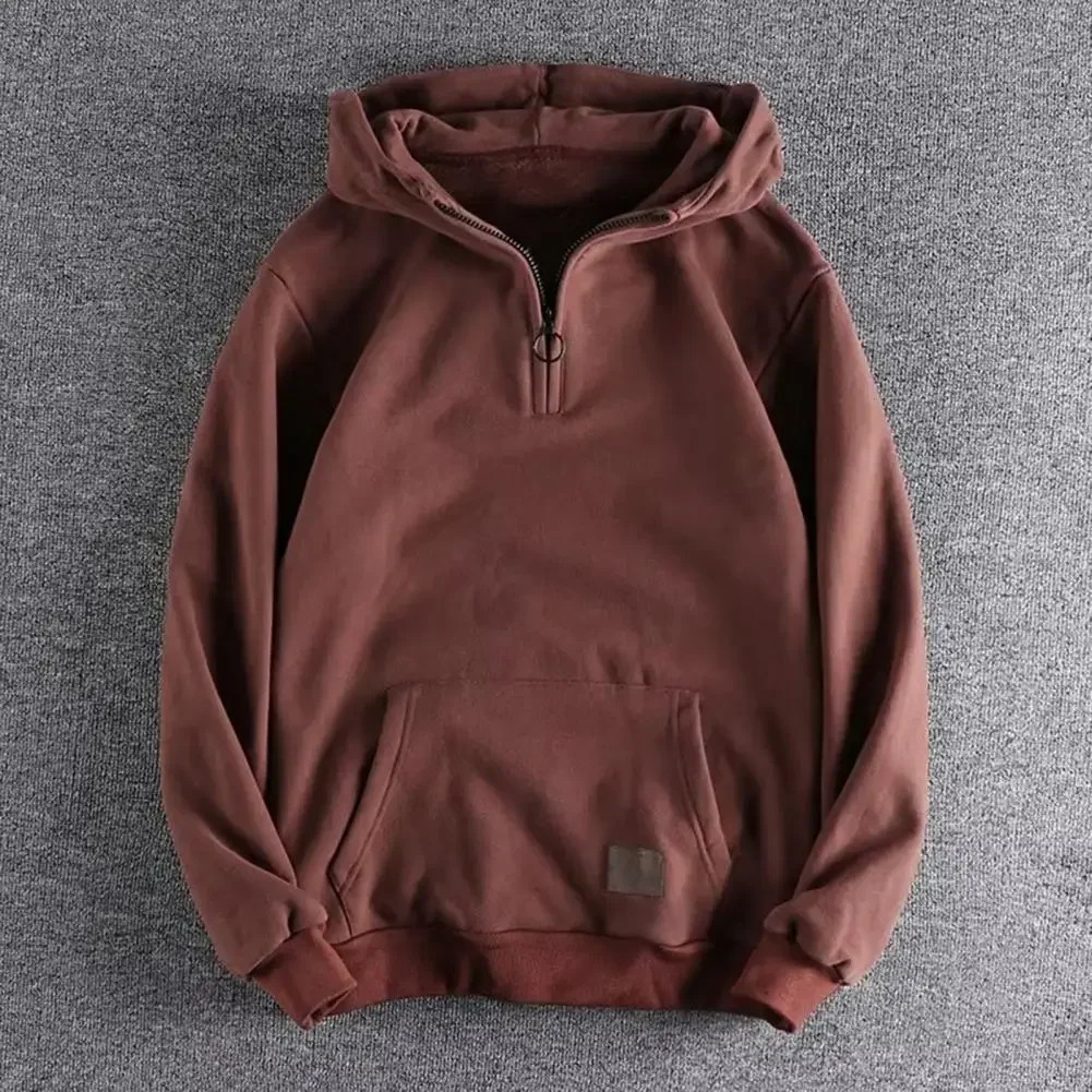 Men Sweatshirt Hooded Zipup Thickened Hoodies Winter Solid Color Fashion Warm Hoodie With Zipper Decor Elastic Cuff Big Pocket 231225