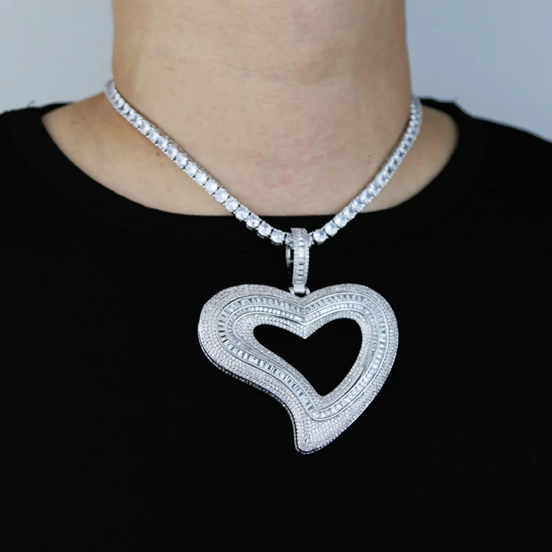 Iced Out Big Hollow Heart Pendant Necklace Bling Rectangle CZ Cubic Zirconia Tennis Chain Charm Women Men Hip Hop Jewelry 231225
