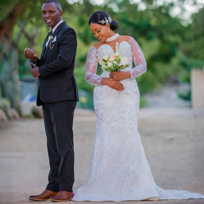 African Arabic Aso Ebi Wedding Dress for Bride Illusion Trumpet Bridal Dresses High Beaded Neck Long Sleeves Lace Mermaid Marriage Gowns for Black Wom