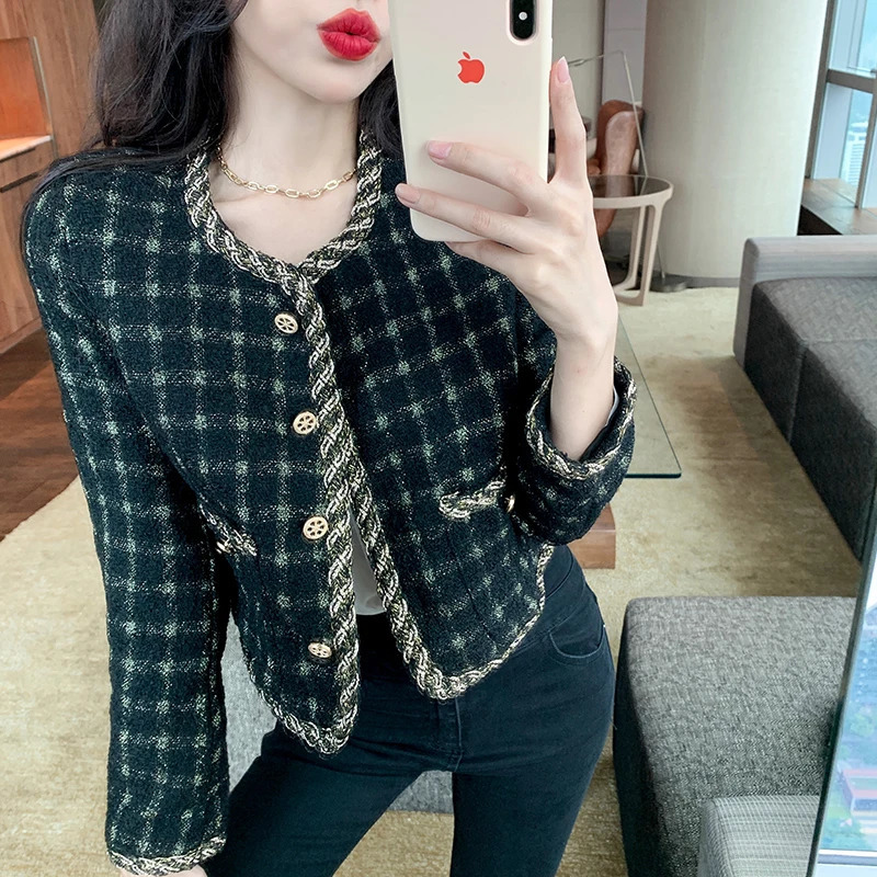 LLZACOOSH Korea Arrive Temperament Retro Grid Short Woolen Jacket Women Autumn Spring Single Breasted Chic Tweed Coat 231225