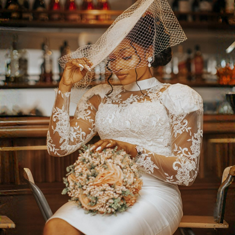 Plus Size Illusion Trumpet Wedding Dress for Bride Knee Length Mermaid Long Sleeves High Neck Gorgeous Bridal Dress African Short Gown for Marriage Bl