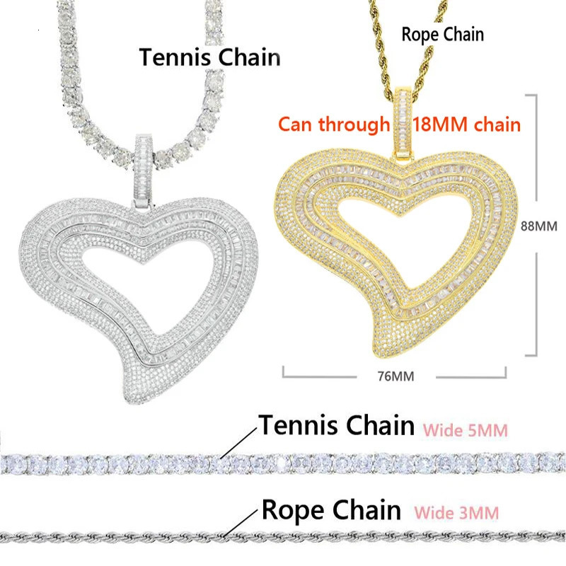 Iced Out Big Hollow Heart Pendant Necklace Bling Rectangle CZ Cubic Zirconia Tennis Chain Charm Women Men Hip Hop Jewelry 231225