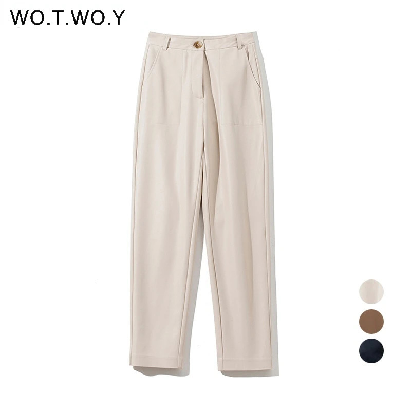 WOTWOY High Waisted Straight Leather Trousers Women Zipper-Up Casual Fleece PU Leather Pants Female Black White Autumn Pants 231226