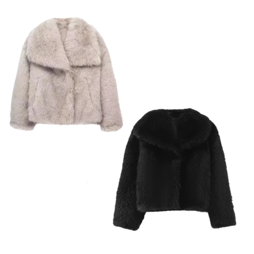 UNIZERA-Artificial Fur Effect Short Coat for Women Casual Loose Collar Thick and Warm Winter 231226
