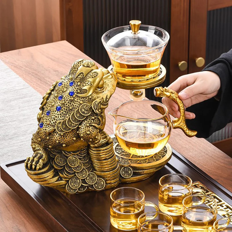 Chinese Gold Glass Kettle Bufonid Kungfu Tea Teapot Set Frog Magnetic Drip Pot Heat-Resistant Teapots China Year Gift 231225