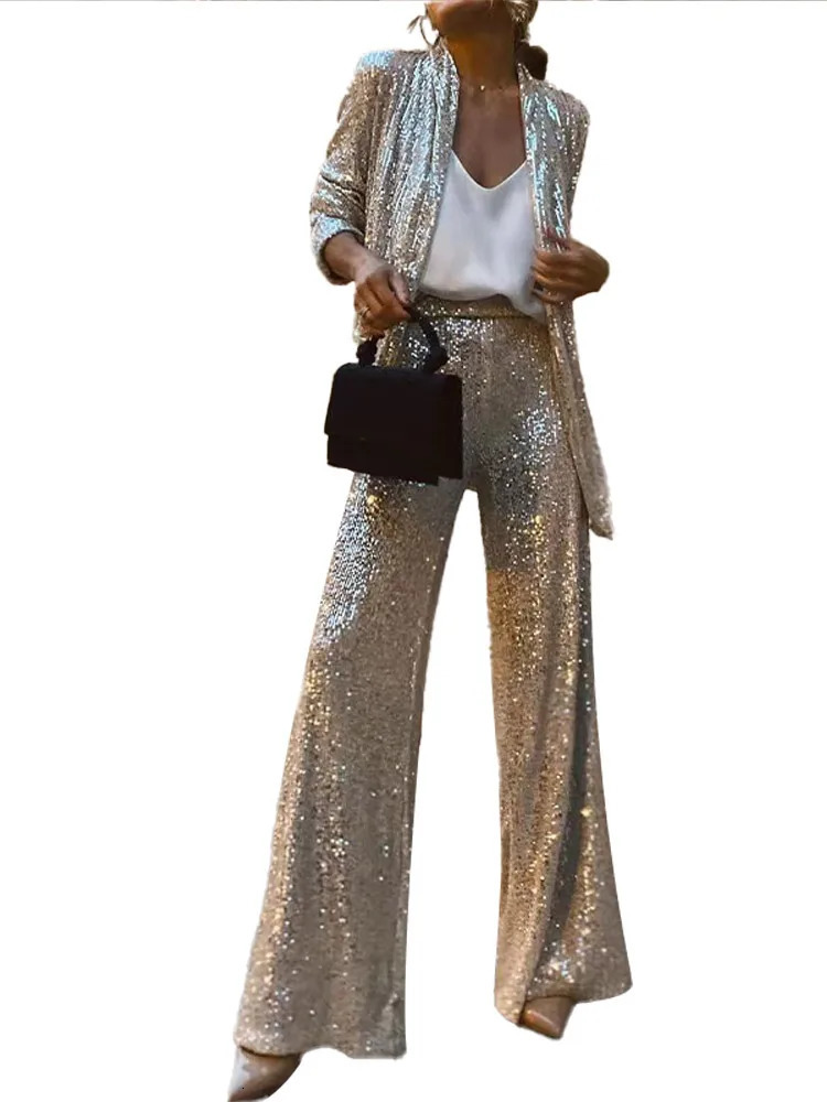 V-neck Open Stitch Sequined Two Piece Set Women Long Sleeve Loose Women's Trouser Suits Spring Autumn Solid Fashion Lady 's Suit 231226