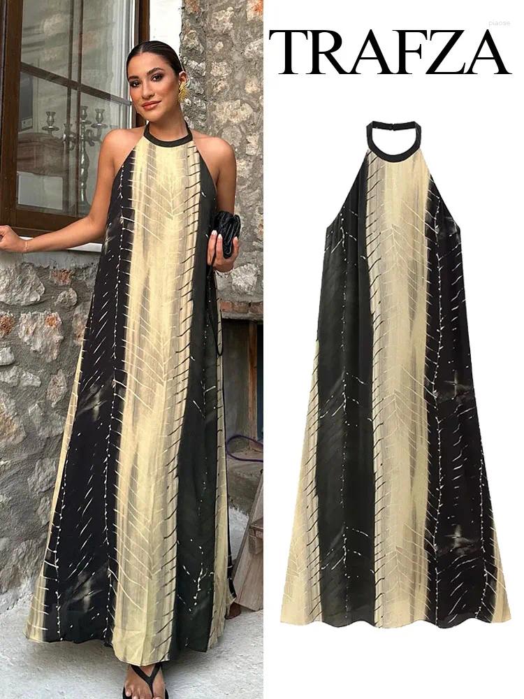 Casual Dresses TRAFZA Summer Fashion Women's Printed Halter Neck Dress Vintage Sleeveless Tie Front Loose Woman Midi Elegant Party