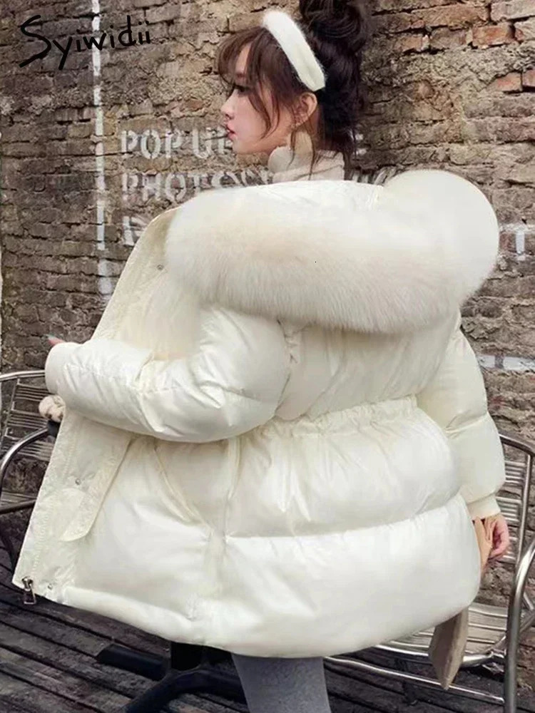 Syiwidii 90 Duck Down Jacket Women Hooded Coat Windproof Belted Thick Belted Fur Collar Solid Zippers Warm Fashion Clothing 231226