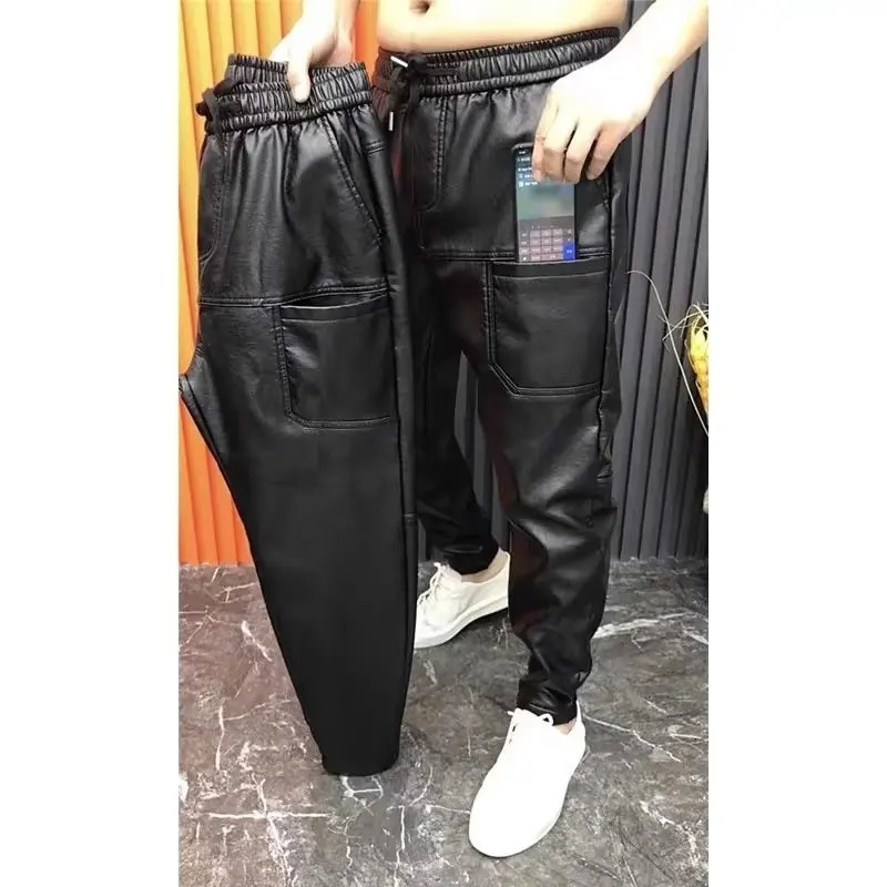 2023 Men's PU Leather Pants Elastic Waist Loose Black Streetwear Slim Fit Motorcycle Windproof Clothing 231225
