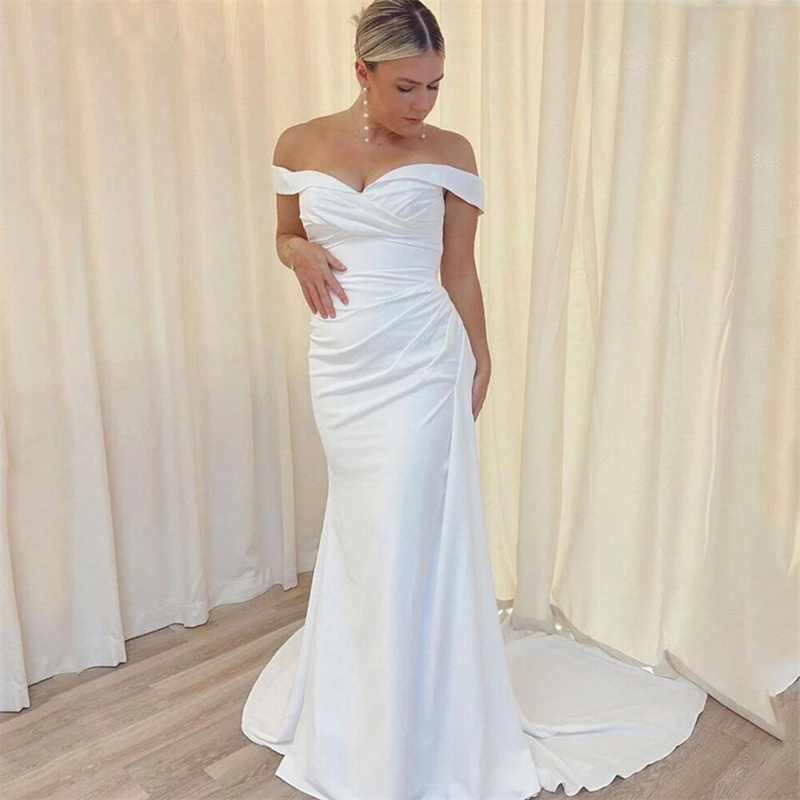 Off Shoulder Satin Mermaid Wedding Dresses Elegant Plus Size Boho Rustic Country Bride Dress Court Train Outdoor Garden Bridal Gowns Simple Robe De Ma