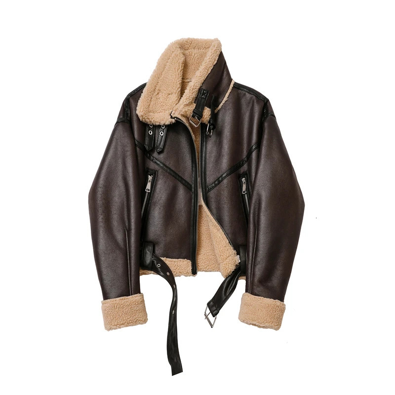ZVRI Winter Jacket Women Thick Faux Leather Jacket Women Coat Warm Lamb Biker Coat Female Casual Belt Outwear Ladies 231226