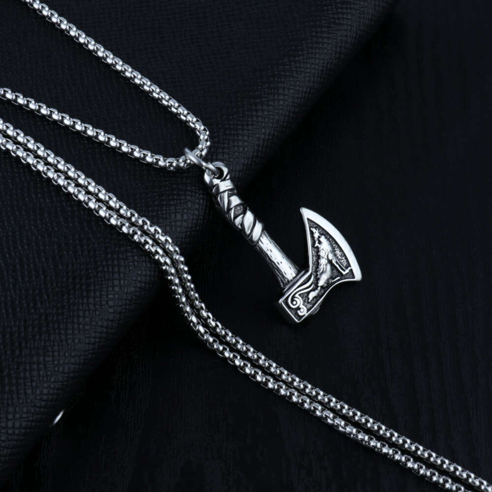 Celtic Wolf Crow Double Sided Axe Pendant Men's Necklace Stainless Steel Chain Hip Hop Viking Pirate Punk Rock Gothic Rapper jewelry Wholesale Bi