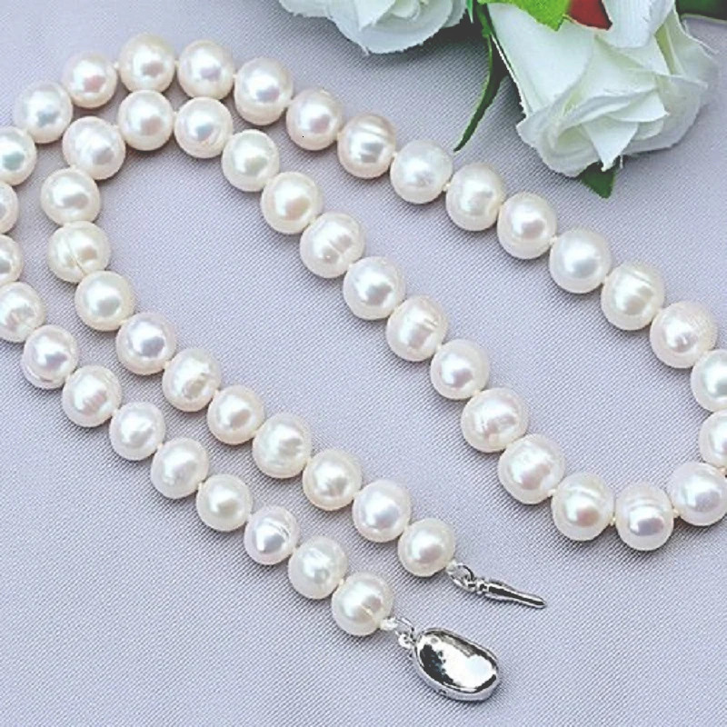 Natural Pearl Necklaces 9-10mm Freshwater Pearl Jewelry 925 Sterling Silver Necklace For Women Engagement Gift 231225