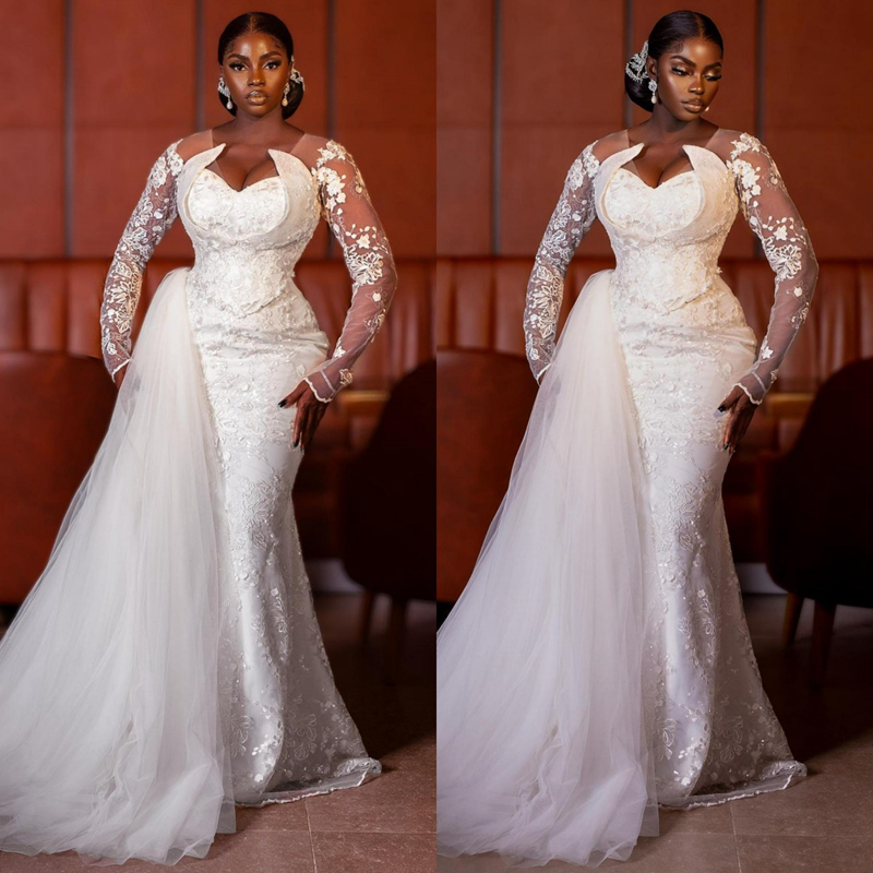 Illusion Trumpet Wedding Dress for Bride V Neck Long Sleeves Lace Mermaid Bridal Gowns with Detachable Tulle Train African Arabic Country Style Beach 
