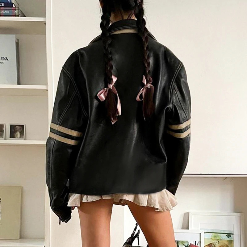 CIBBAR Contrast Striped Vintage Leather Jacket Loose Long Sleeve Pockets PU Jackets Street Style Oversized Fall Winter Coat Lady 231226
