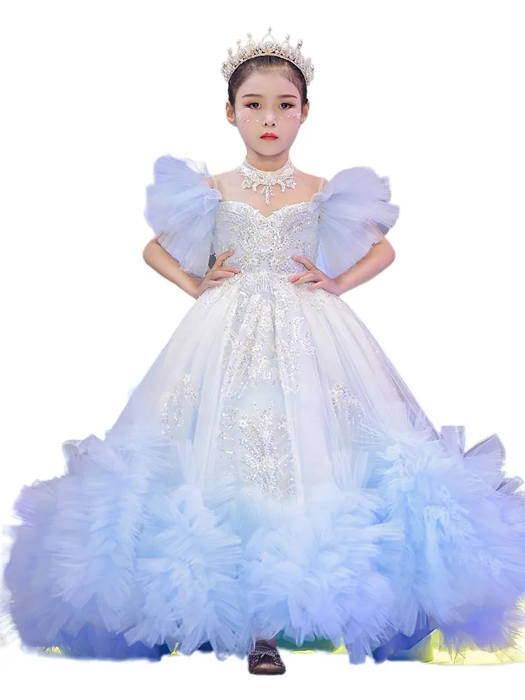 Ruffles Pluffy Girls Pageant Dresses High Low Flower Girls Dress Sequins Lace Appliques Short Sleeves Long Tulle Kids Formal Wear Birthday Party Gowns