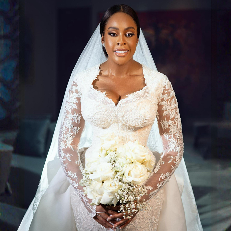 R&W Illusion Trumpet Wedding Dress Bride Elegant Long Sleeves Mermaid Bridal Gowns with Detachable Train for African Arabic Black Women Gorgeous Marri
