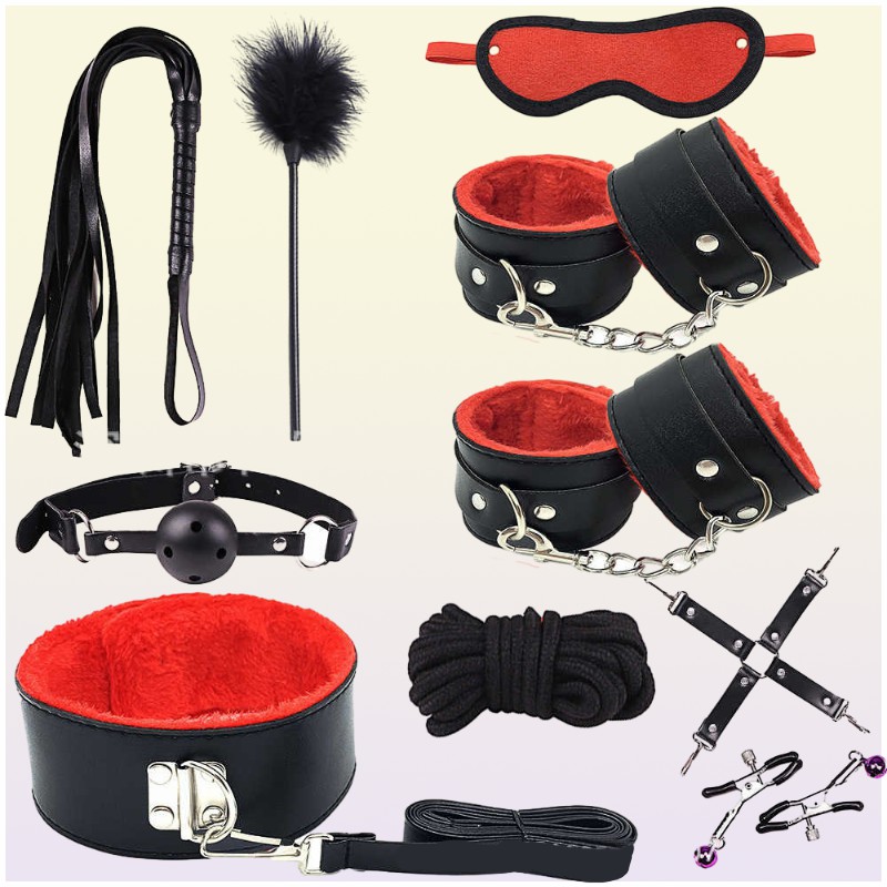 Fun Products Sliding Leather Sm Plush 10 Piece Set of Handcuffs and Foot Cuffs Binding Multiple Sets Alter Toys 3KN26266551