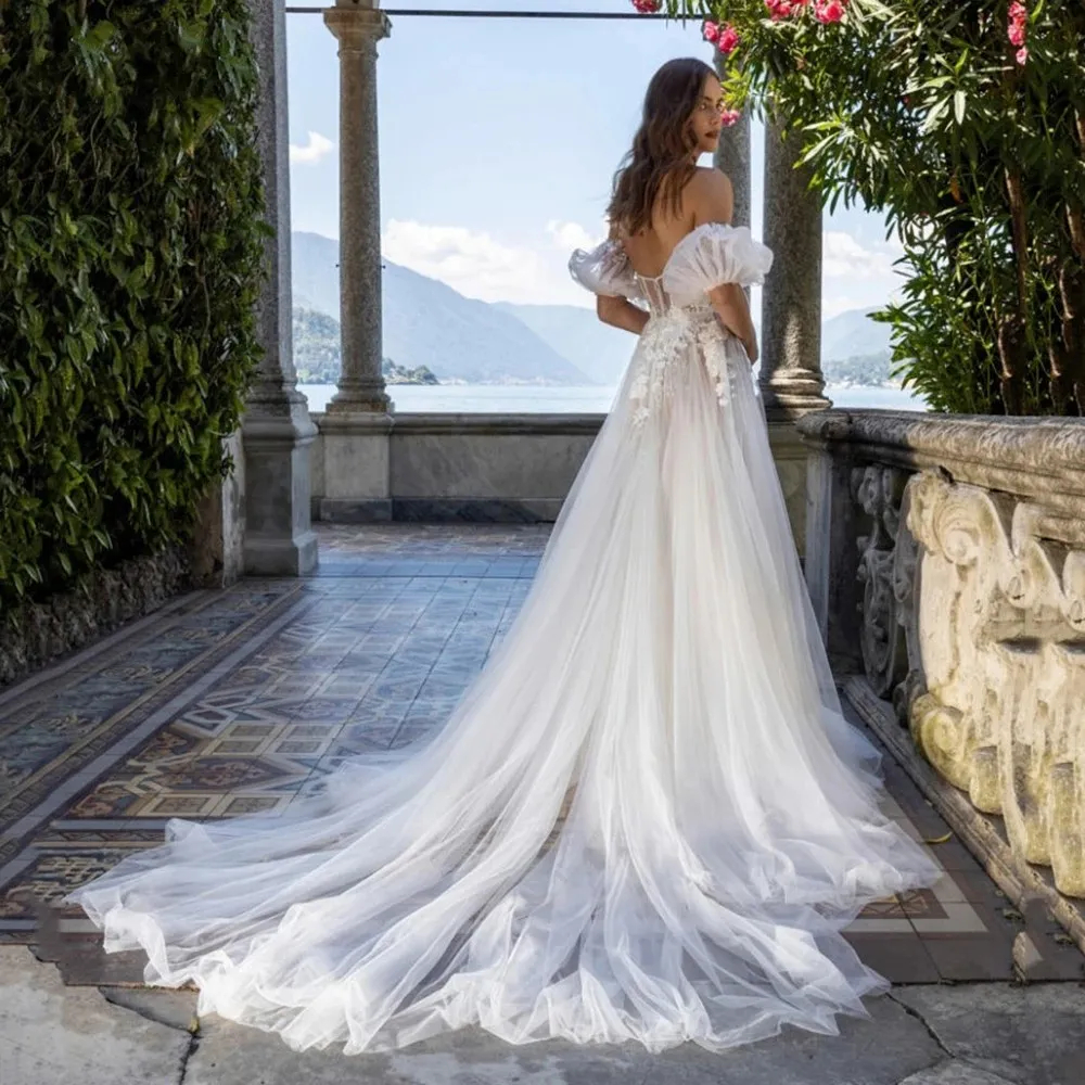 Boho Beach A Line Wedding Dress Off The Shoulder Short Sleeves Long Tulle Bridal Gowns Lace Appliques Sweetheart Neck Summer Illusion Vestido De Novia