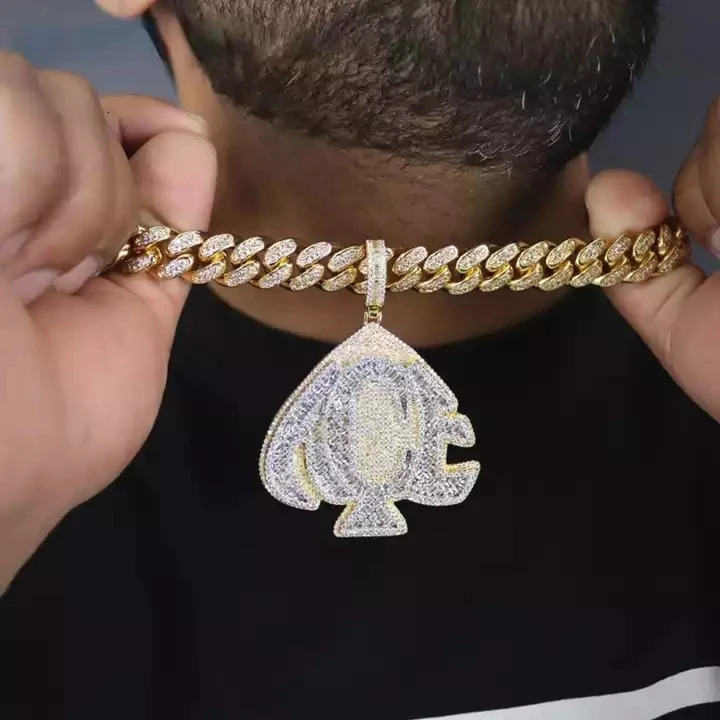 HipHop Iced Out Bling FULL CZ Paved Letter A C E Engraved Heart Pendant Necklace With Long Rope Chain For Men Women Punk Jewelry 231225