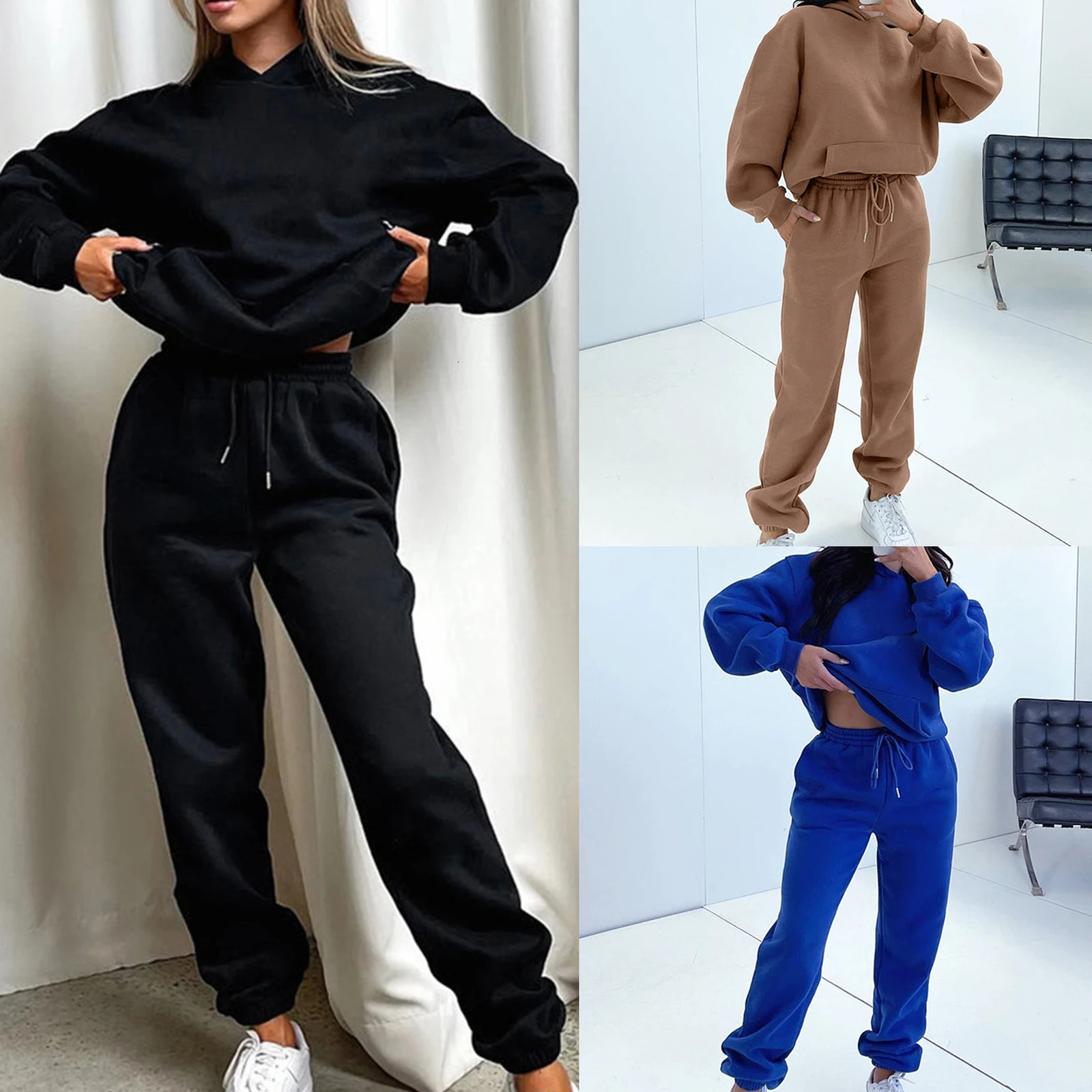 Women Long Sleeve Top Pants Solid Color Pockets 2 Pieces Lounge Set Drop Shoulder Hooded 2 Piece Pants Outfits Vacation Outfit 231225