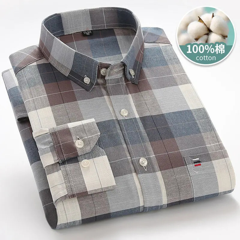 Men's Plaid Shirt 100% Pure Cotton Oxford Long Sleeve Spring Casual Striped Solid Daily Dress Shirts Button-down Collar Big 7XL 231226