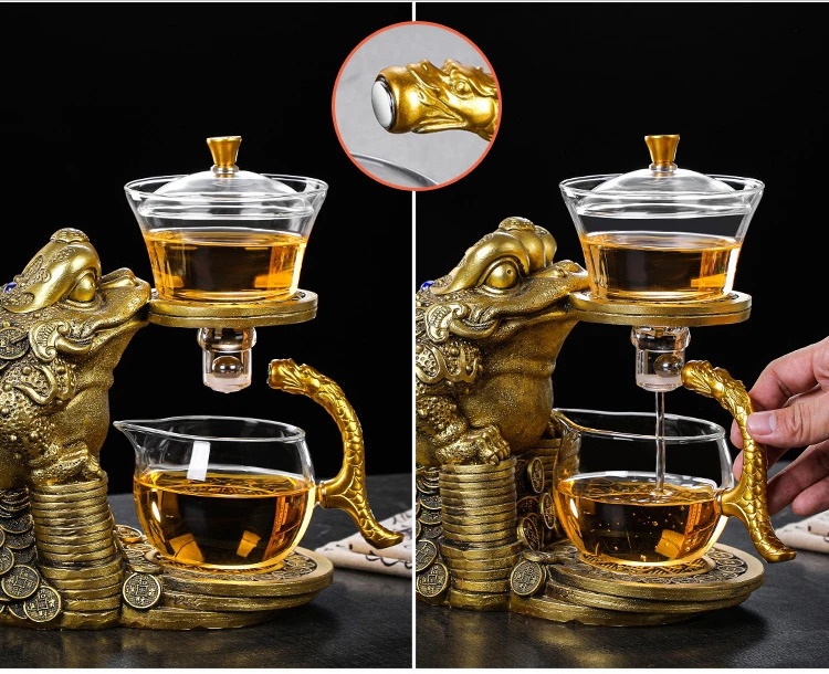 Chinese Gold Glass Kettle Bufonid Kungfu Tea Teapot Set Frog Magnetic Drip Pot Heat-Resistant Teapots China Year Gift 231225