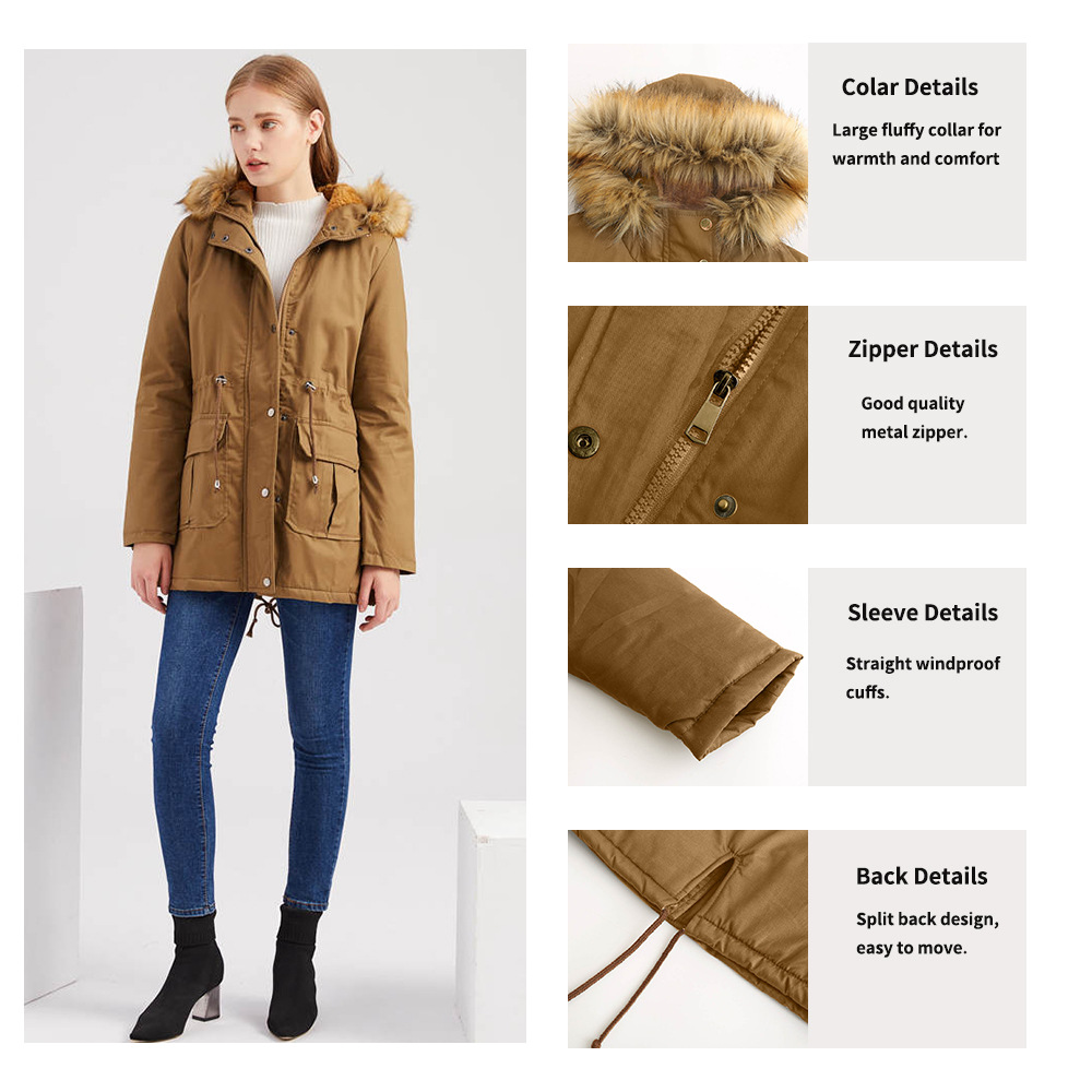 0C4111M2 SBD-B Women's Trench Coats European and American Style Hooded Multi size winter warm jacket with plush collar