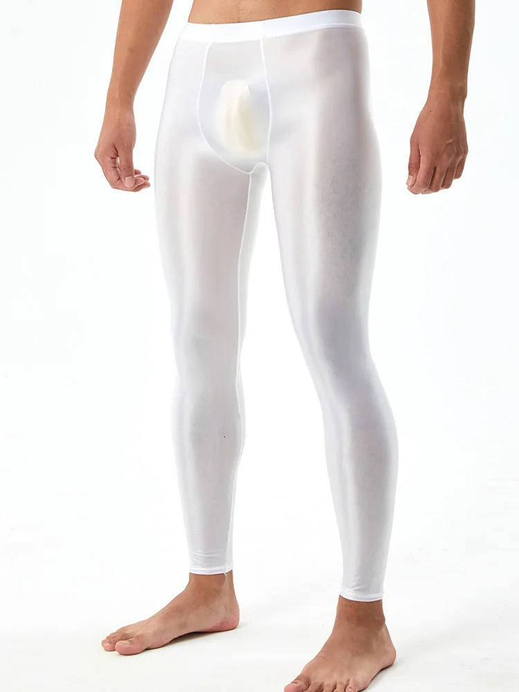 Sexy Men Elastic Oil Shiny Tight Pencil Pants Shaping Legging Sheer See Through s Breathable Exotic Trousers Candy Color 231225