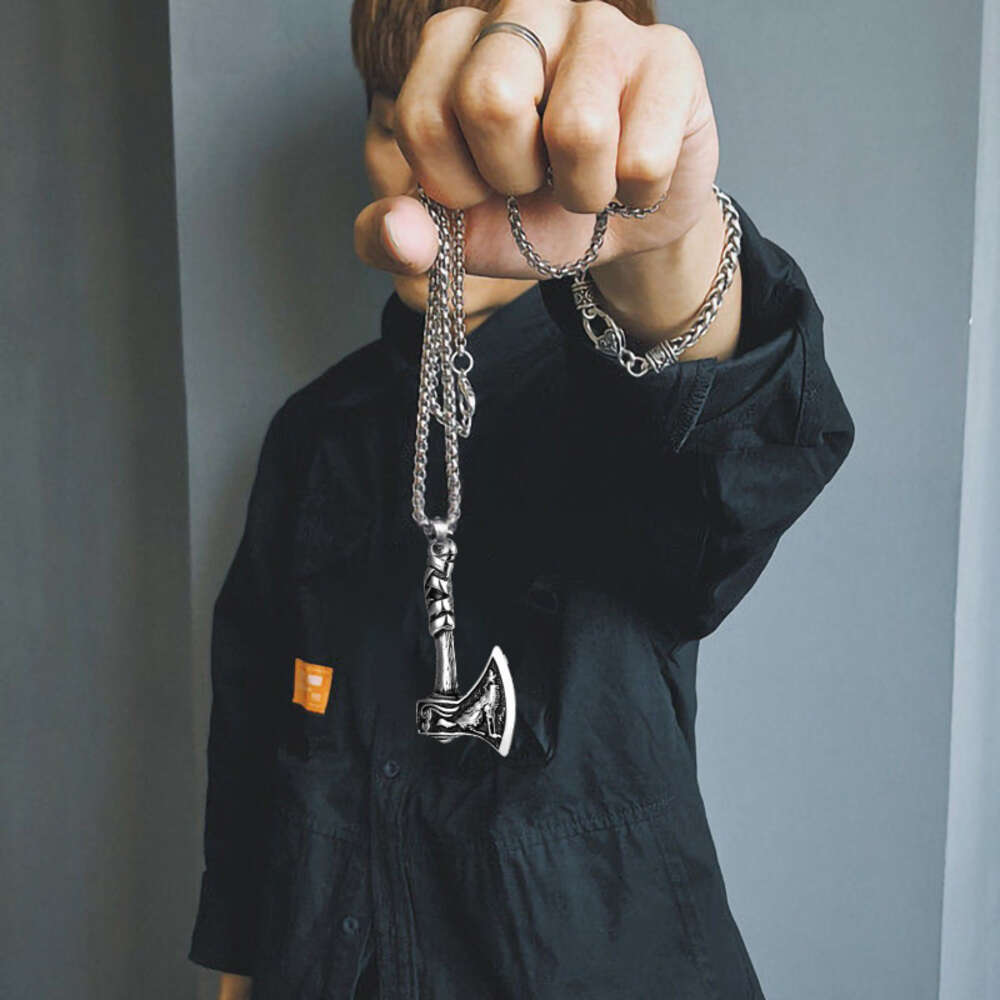 Celtic Wolf Crow Double Sided Axe Pendant Men's Necklace Stainless Steel Chain Hip Hop Viking Pirate Punk Rock Gothic Rapper jewelry Wholesale Bi