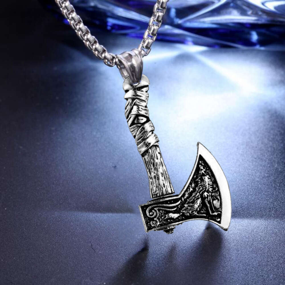 Celtic Wolf Crow Double Sided Axe Pendant Men's Necklace Stainless Steel Chain Hip Hop Viking Pirate Punk Rock Gothic Rapper jewelry Wholesale Bi