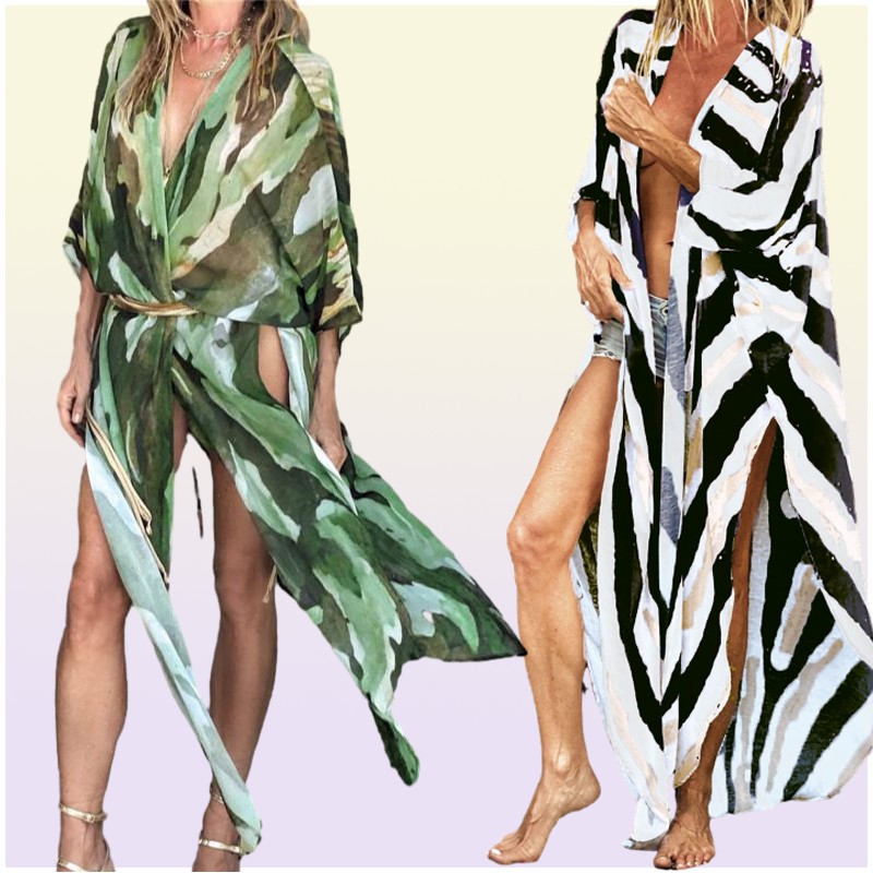 Womens Long Swimsuit Cover Coverup Up Open Front High Split Flowy Chiffon Kimono Beach Cardigan