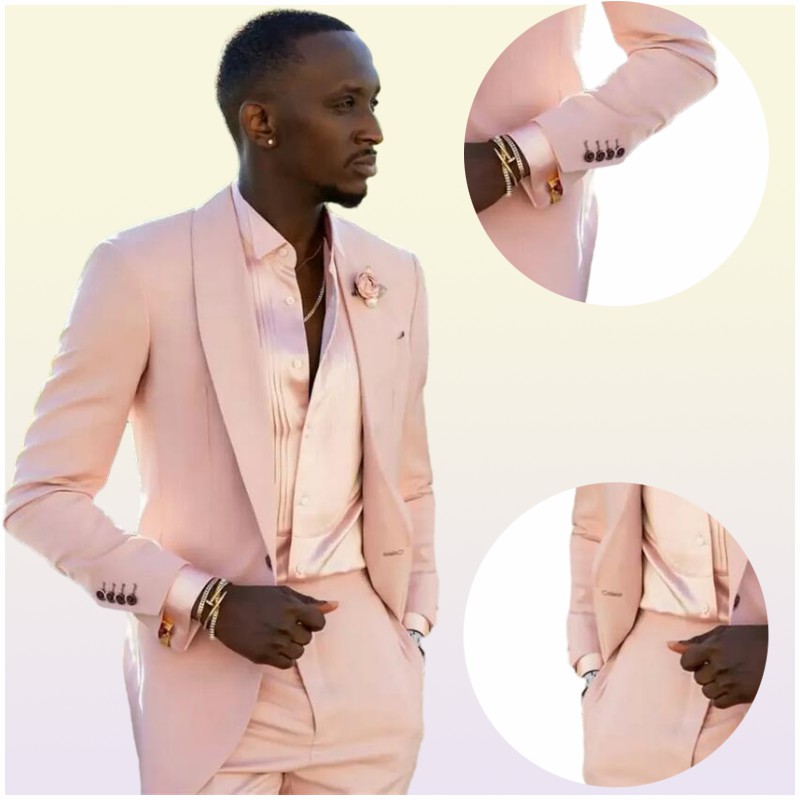 Handsome Blush Pink Mens Suits Wedding Tuxedos 2 Pieces Groom Formal Wear Pants Suit Men Business Evening Prom Blazer JacketPant