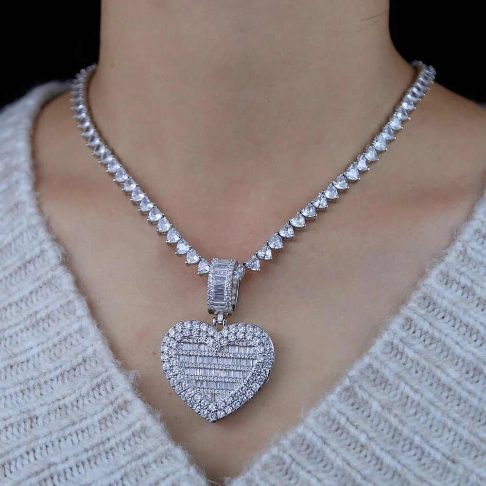Iced Out Bling Can Be Opened Heart-shaped Po Pendant Necklace Hearts Tennis Chain Cubic Zirconia Fashion Women Men Jewelry 231225