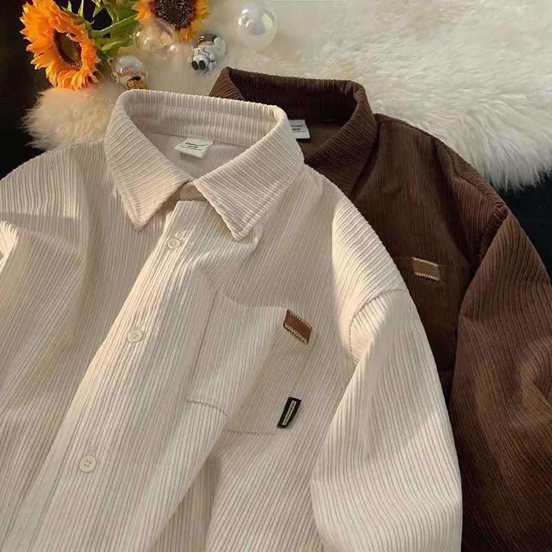 Corduroy Long Sleeve Polo Shirts for Men Fashion Retro Autumn and Winter Loose Harajuku Casual Shirt Coat Clothing 231225