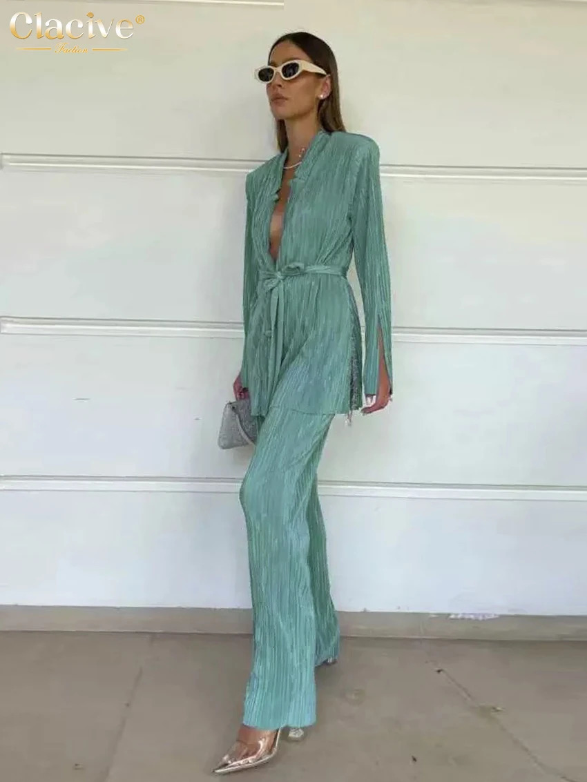 Clacive Autumn Green Pleated Pants Set Bodycon Slit Trosuer Suits Fashion Lace-Up Long Sleeve Blazer 2 Piece Sets Womens Outfits 231225