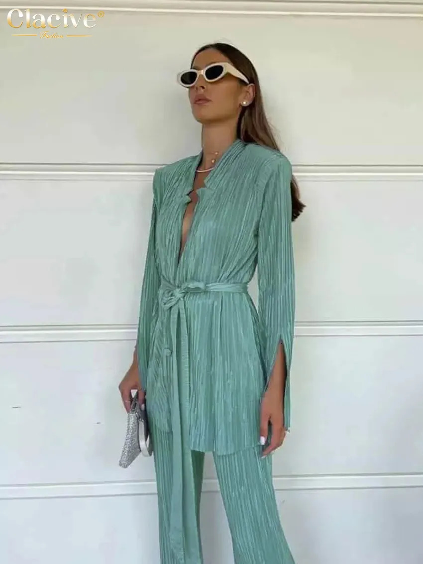 Clacive Autumn Green Pleated Pants Set Bodycon Slit Trosuer Suits Fashion Lace-Up Long Sleeve Blazer 2 Piece Sets Womens Outfits 231225