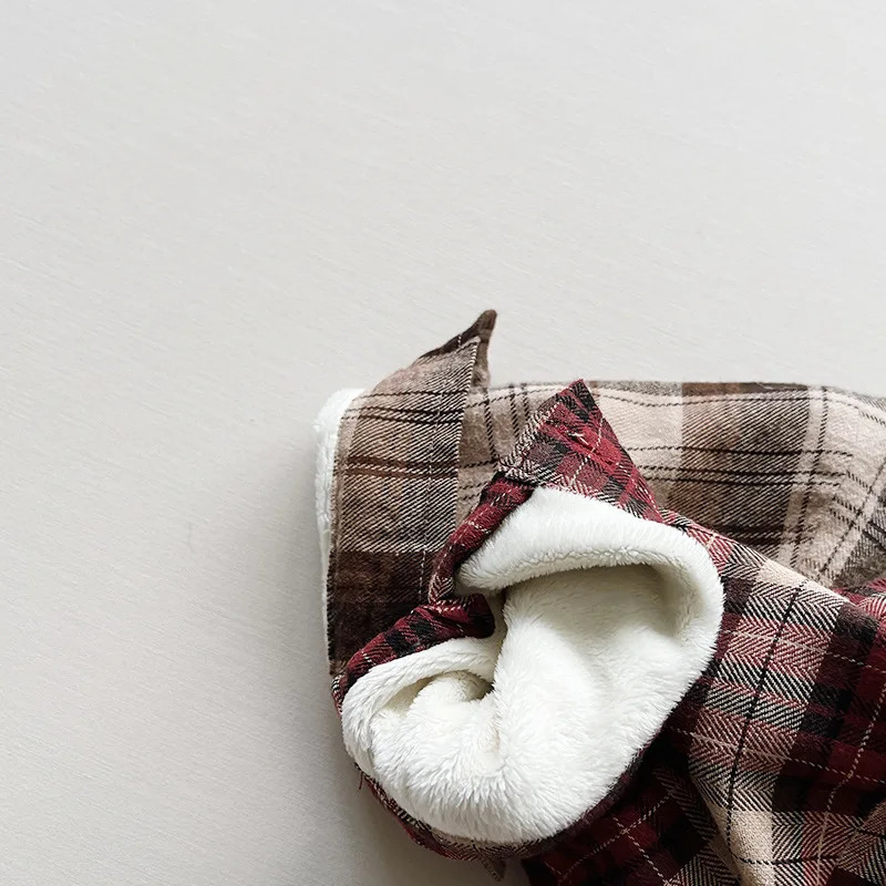 Korean Autumn Winter Young Kid Boys Shirts Cotton Velvet Long Sleeve Infant Boys Coat Retro Fleece Plaid Baby Boys Cardigan 231226