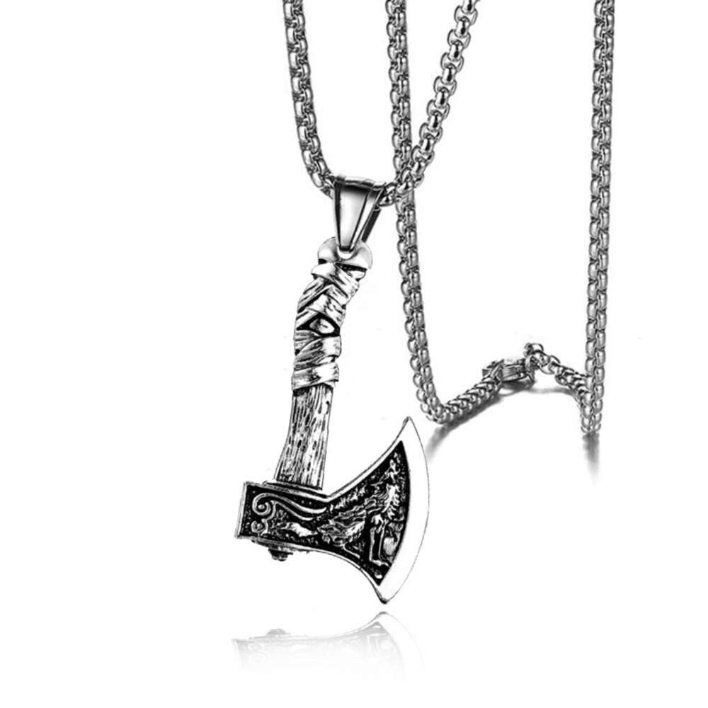 Celtic Wolf Crow Double Sided Axe Pendant Men's Necklace Stainless Steel Chain Hip Hop Viking Pirate Punk Rock Gothic Rapper jewelry Wholesale Bi