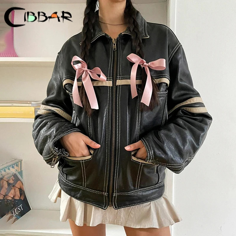 CIBBAR Contrast Striped Vintage Leather Jacket Loose Long Sleeve Pockets PU Jackets Street Style Oversized Fall Winter Coat Lady 231226