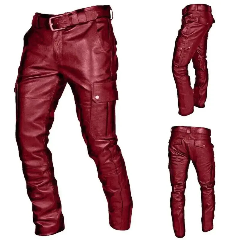 Spring and Autumn Men's Pockets Punk Style Retro Mid Waist Leather Pants Strap Casual 231225