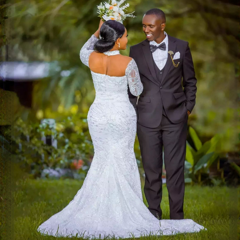 African Arabic Aso Ebi Wedding Dress for Bride Illusion Trumpet Bridal Dresses High Beaded Neck Long Sleeves Lace Mermaid Marriage Gowns for Black Wom