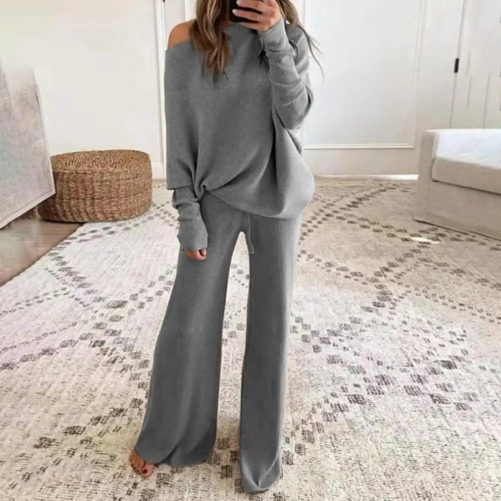 1 Set Elegant Women Pullover Top Pants Solid Color Drawstring Autumn Winter Slanted Neck Sweatshirt Sweatpants Two Piece Suit 231226