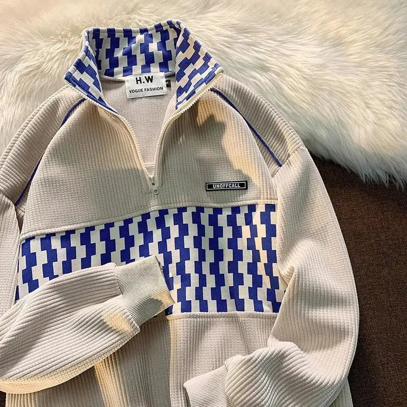 America Retro Hoodies Half Zipper Polo Neck Vintage Waffle Patchwork Loose Straight Basic Male Female Fashion Tops Sweatshirts 231225