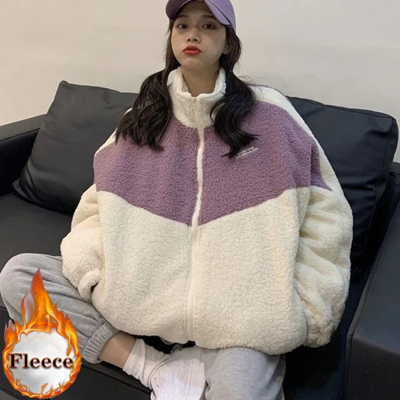 winter Women Hoodies Velvet Patchwork Zipup Long Sleeve Lambswool Oversized fleece coats Casual Korean Warm white sweatshirt 231225
