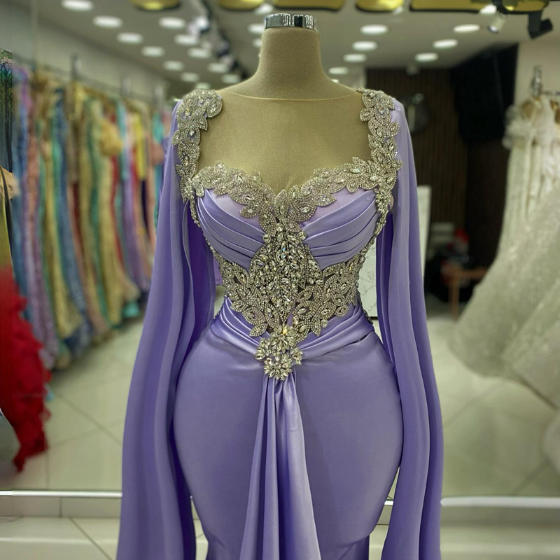 Lavender Elegant Evening Dresses Sheer Neck Mermaid Elastic Satin Crystals Prom Dresses for Special Occasions Promdress Second Reception Gowns Engagem